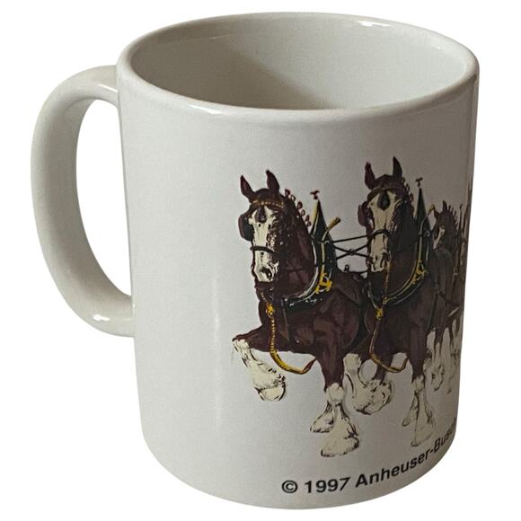 Vintage 1997 Budweiser Anheuser-Bush Clydesdale Horse Wagon Coffee Mug White - Picture 1 of 11